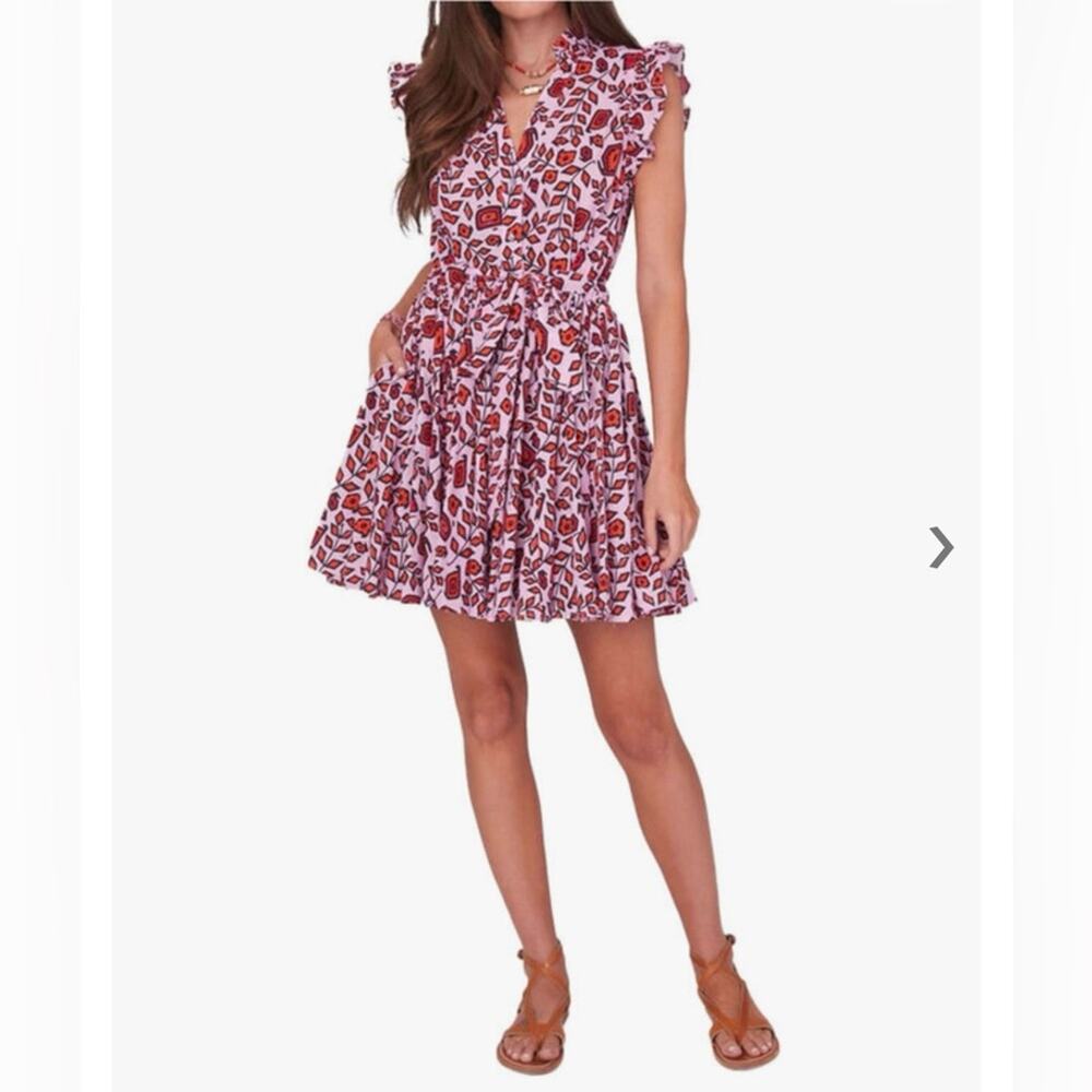 Xirena Leana Bold Floral Orange and Postiano Pink Ruffled Belted Dress Size S